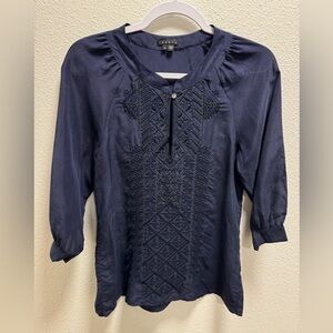 Theory Silk Embroidered Boho Reiba Tunic Top Blouse Button Keyhole Blue Size P